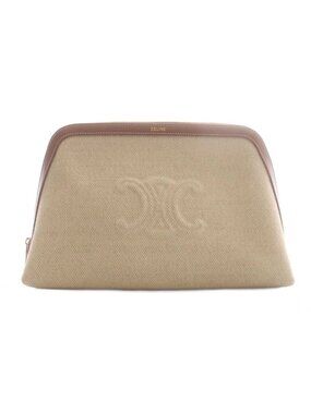 Celine Cuir Triomphe Canvas Clutch Pouch Beige Brown